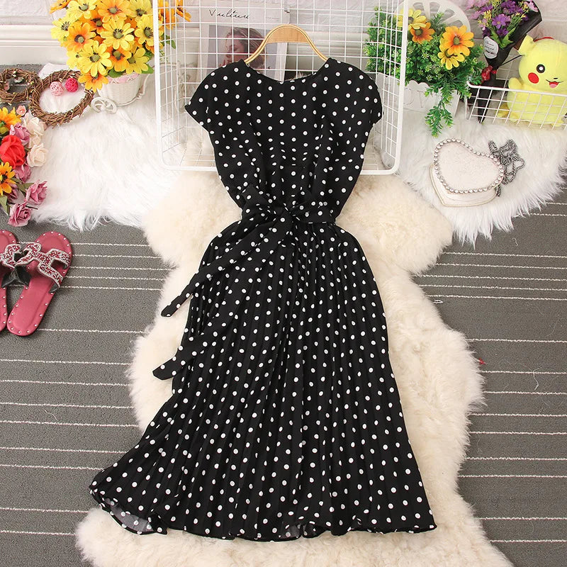 Women's Dot Print Chic Summer High Waist Knee Length Bandage Medium Long Dress