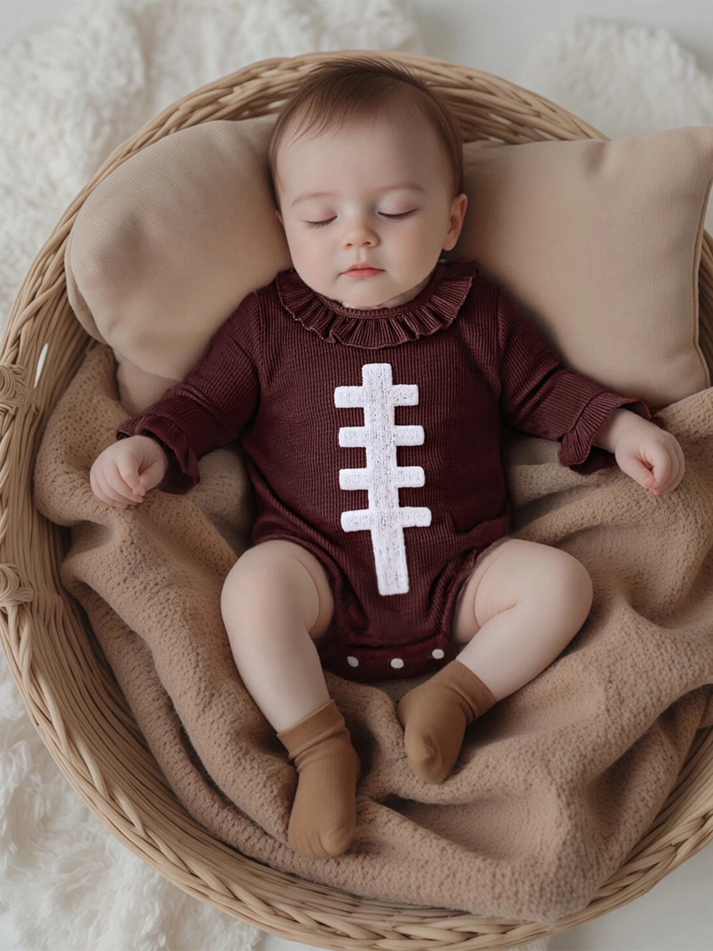 Baby Autumn Winter Romper - Football Embroidery Long Sleeve Ruffled Jumpsuit (0-18M)