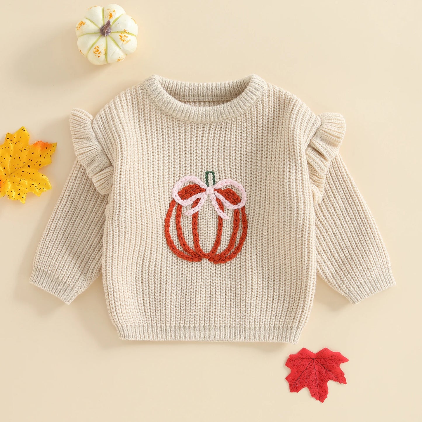 Baby Fall Sweater - Bow Pumpkin Embroidery Round Neck Knit Pullover