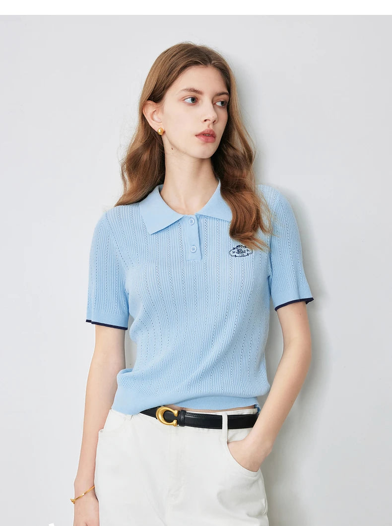 Women's Knitwear Contrast Color Hollow Out Polo Neck Short Sleeve Shirt
