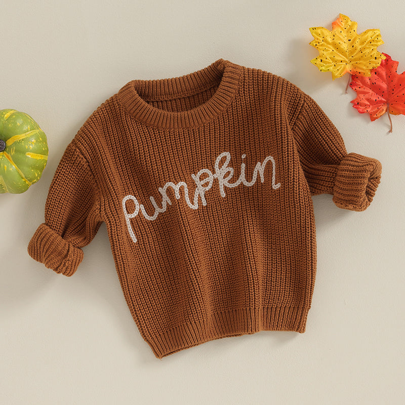 0-3Y Toddler Baby Girls Boys Autumn Winter Knit Sweater 3 Colors Long Sleeve Pumpkin Letter Embroidery Knitwear