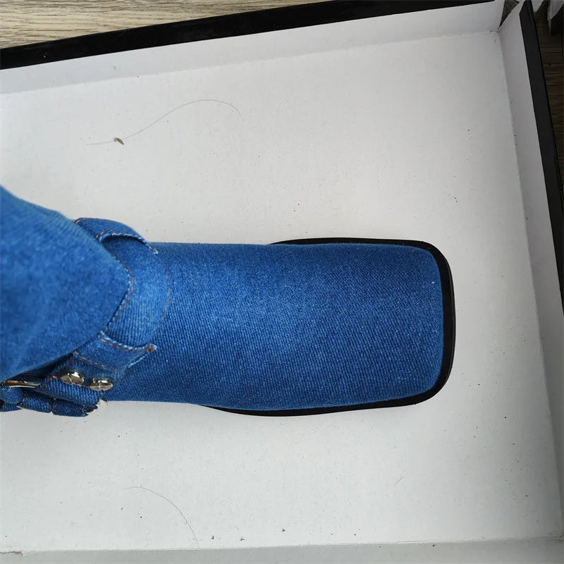 Women's Blue Cowboy Metal Ring Motorcycle Boots Belt Buckle Design 3.5cm Thick Heel Knight Boots Women's Square Head Fashion Boots 34-44