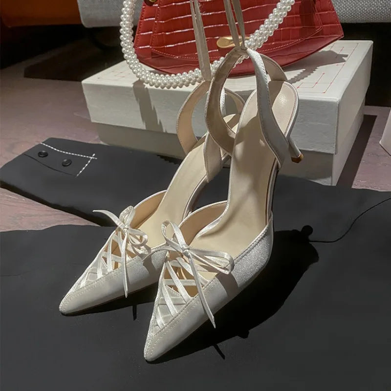 Women's Satin High Heel Sandals Strap 7cm Heel Sandals Bow Pointed Shoes
