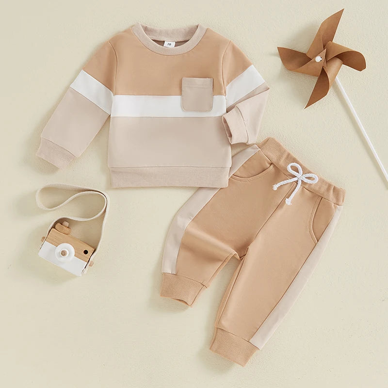 0-4Y Toddler Kids Boys Girls Fall Clothes Sets Contrast Long Sleeve Sweatshirt Tops and Pants Set