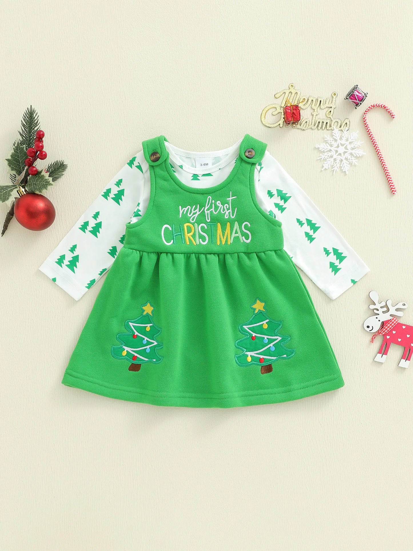 Baby Girls Christmas Clothes Set - Xmas Tree Print Long Sleeve Romper & Letter Embroidery Sleeveless Dress