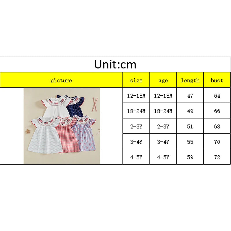 Kids Girls Dress 0-5Y USA Flag Embroidery Dot/Plaid Print Short Sleeve A-Line Dress