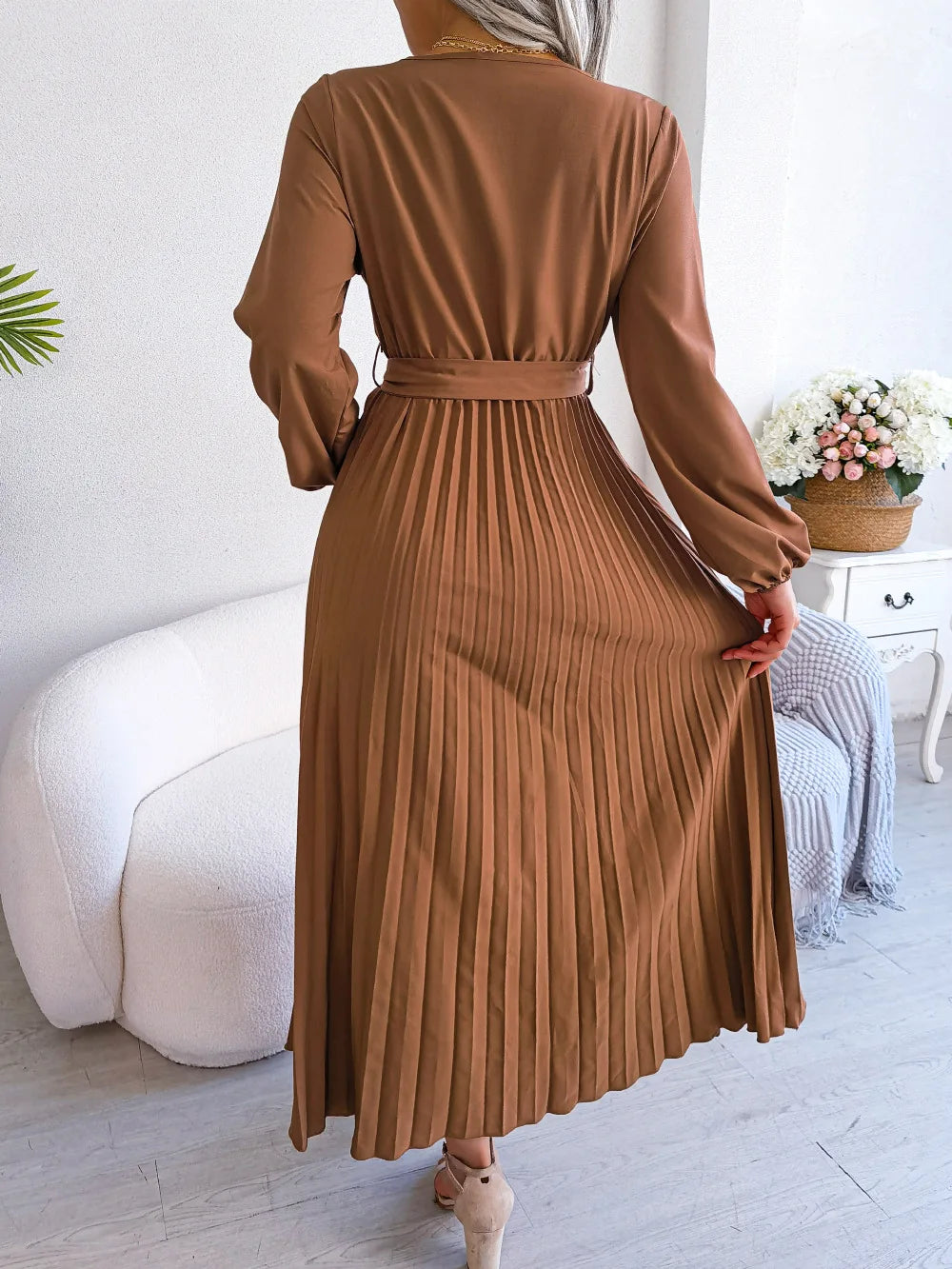 Women's Spring Summer Cross V Neck Large Hem Pleated Long Dress