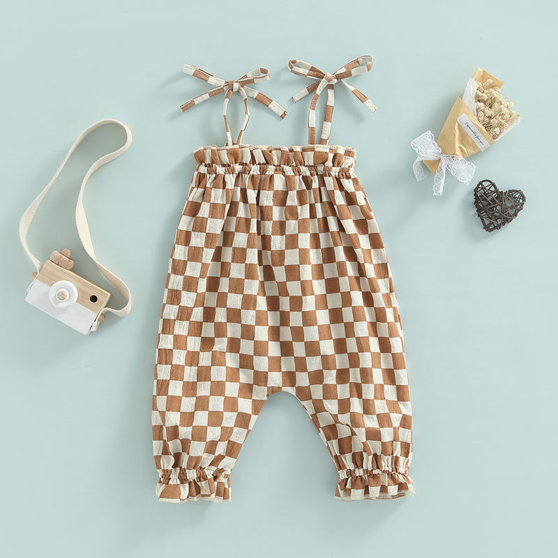 Summer Baby Girls Sweet Romper Clothing 0-24M Strap Sleeveless Lace Up Plaid Printed Jumpsuit