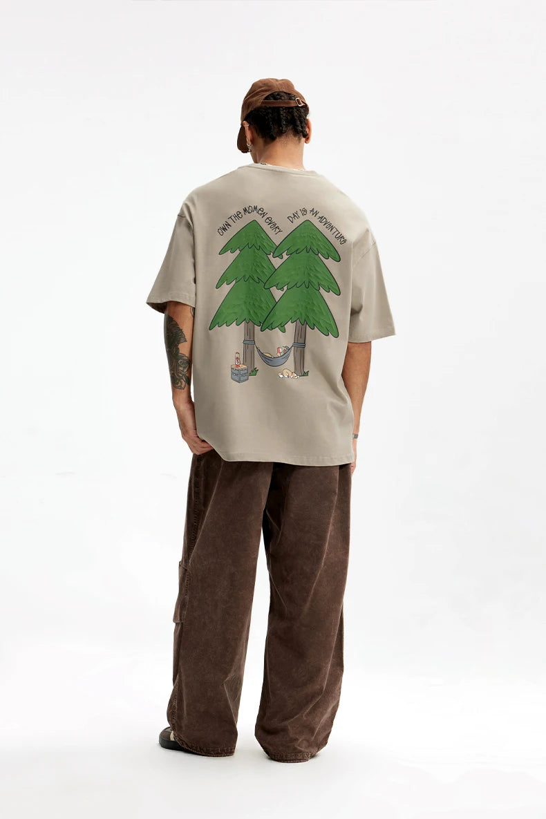 Unisex 265G Pine Tree Puff Print Heavyweight oversize Casual Pure Cotton Short Sleeve T-Shirt