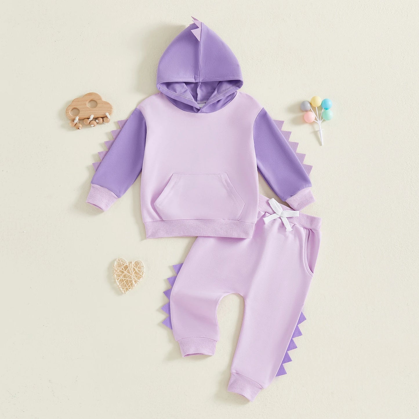 Toddler Dinosaur Hooded Outfit Set - Contrast Color Long Sleeve Top & Pants (0-5Y)