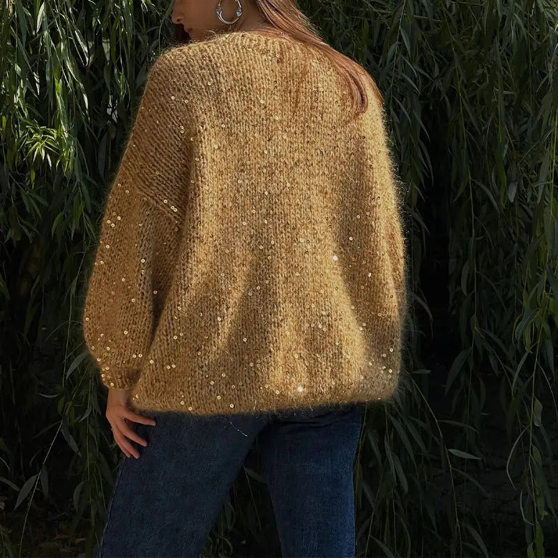 Women's Sequined Mohair Loose Round neck Lantern Long Sleeve Glitter Knitted Pullover Sweater