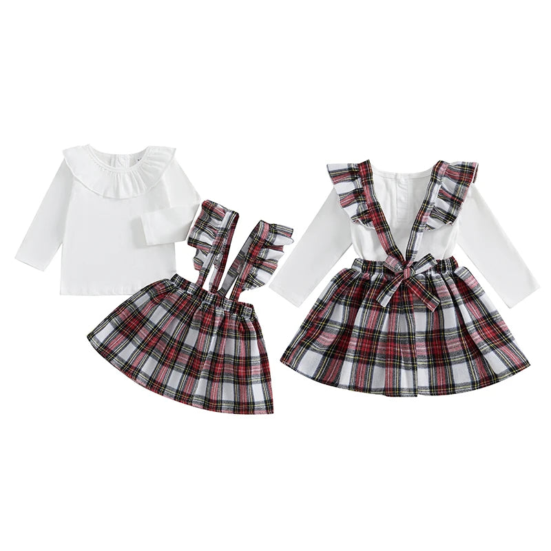 Christmas Ruffled Top and Plaid Suspender Dress Set - Baby Girls 2-Piece Outfit
