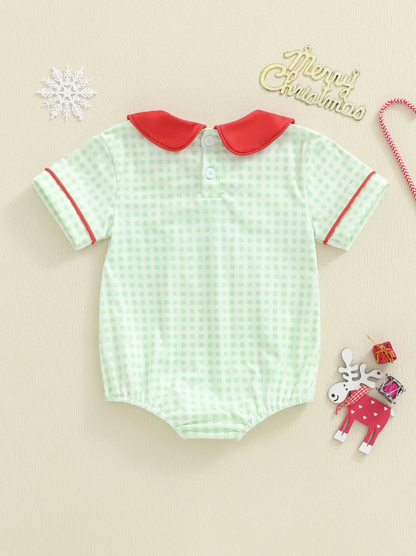 Baby Girls Plaid Romper - Wreath Embroidery Short Sleeve Doll Collar Bubble Jumpsuit