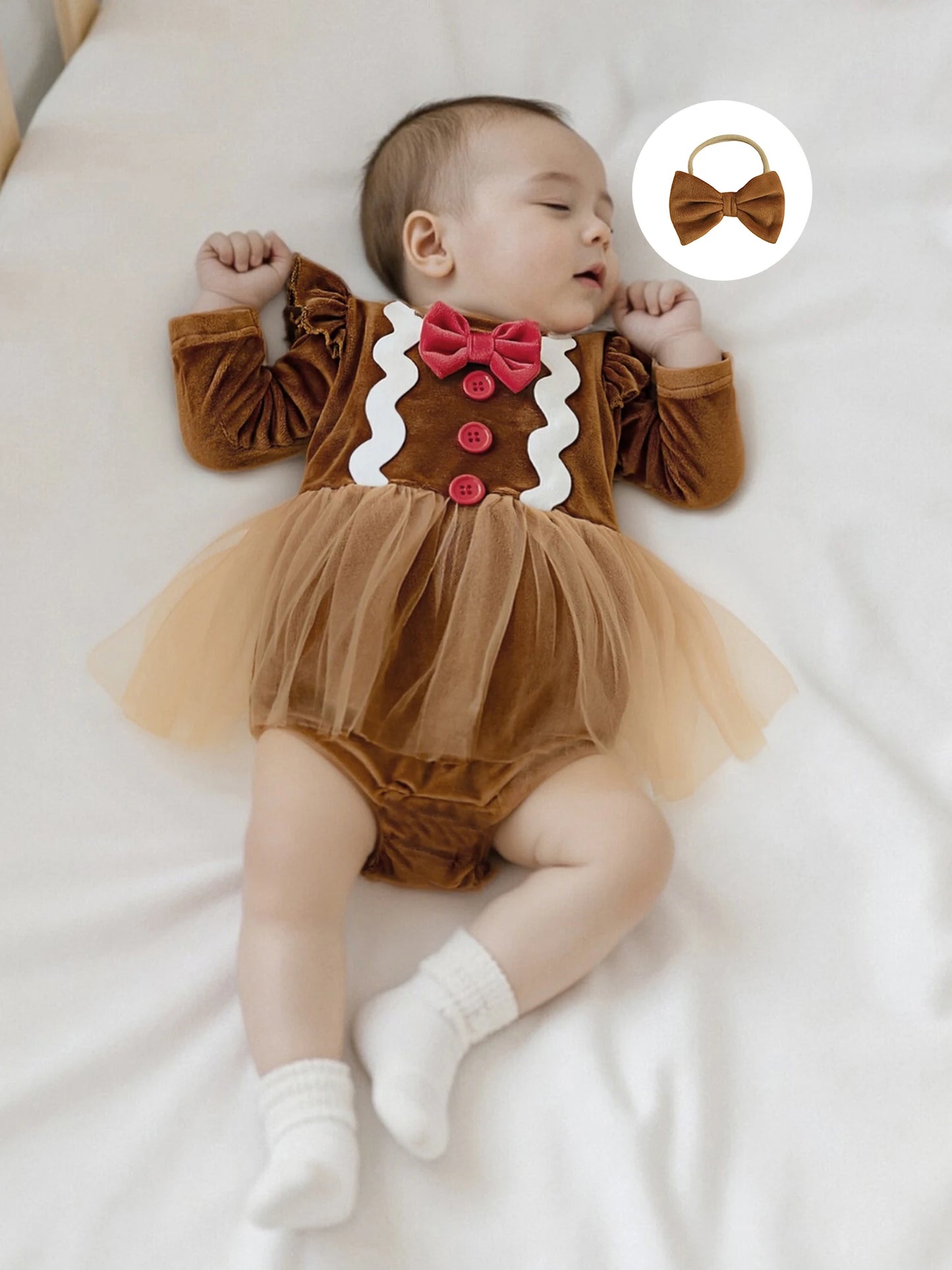 Baby Girls Christmas Gingerbread Man Romper Dress with Bow Headband (0-18M)