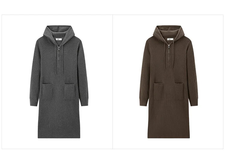 Women's Knit Hoodie Dress - Slim Fit Textured Mid-Length Winter Casual Style