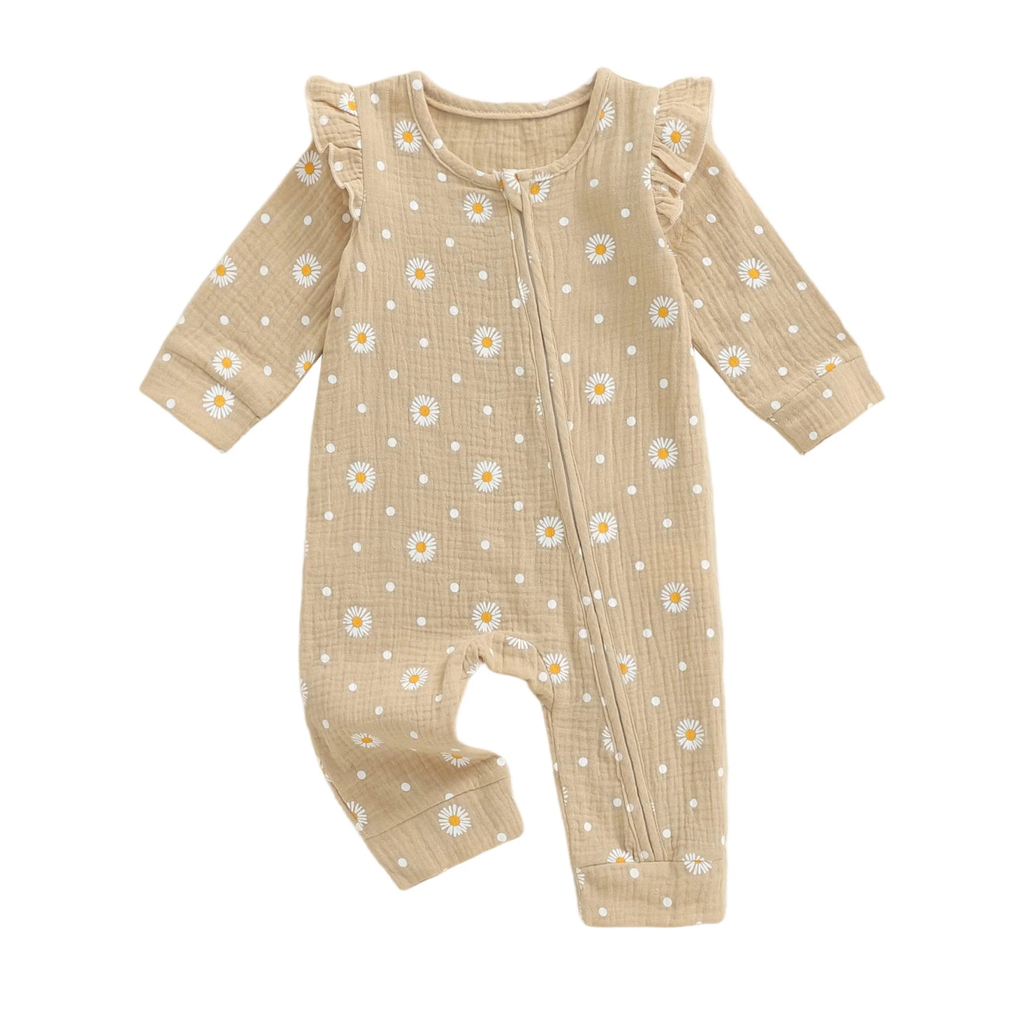 Baby Girls Fall Jumpsuit - Long Sleeve Flower Print Zipper Romper (0-18M)
