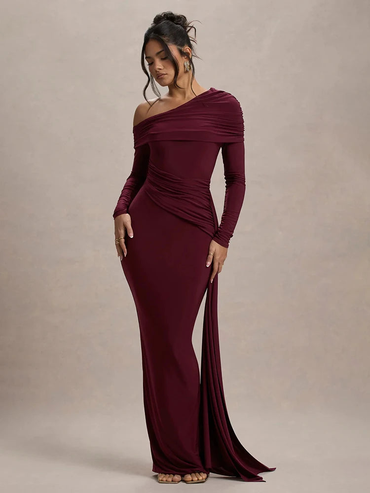 Women's Skew Collar Long Sleeve Maxi Backless Draped Ruched Bodycon Long Dress