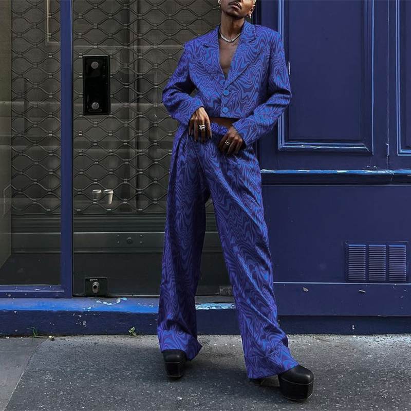 Men's Loose Lapel Long Sleeve Crop Blazer & Pants 2PCS Suits S-5XL
