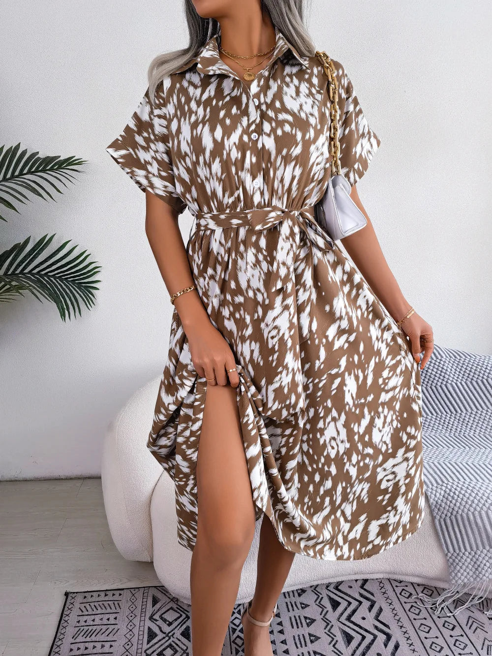 Women's Summer Casual Loose Leopard Lace Up Shirt Chic Dress