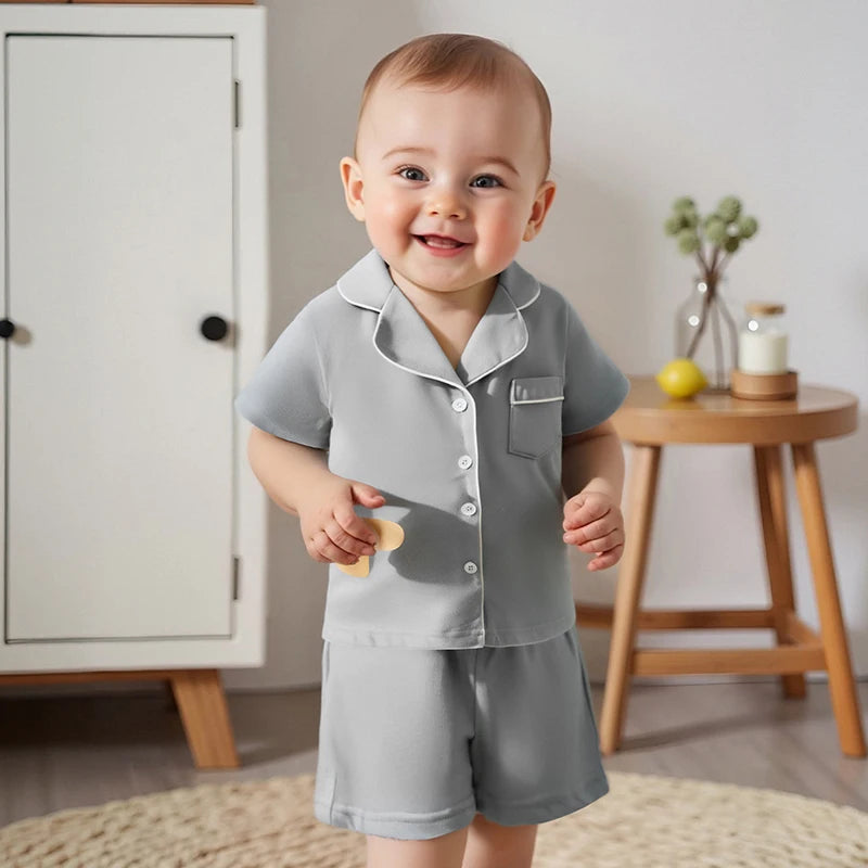 0-8Y Summer Toddler Kids Boys Girls Pyjamas Clothes Set Solid Contrast Trim Lapel Short Sleeve Button Down Tops Shorts