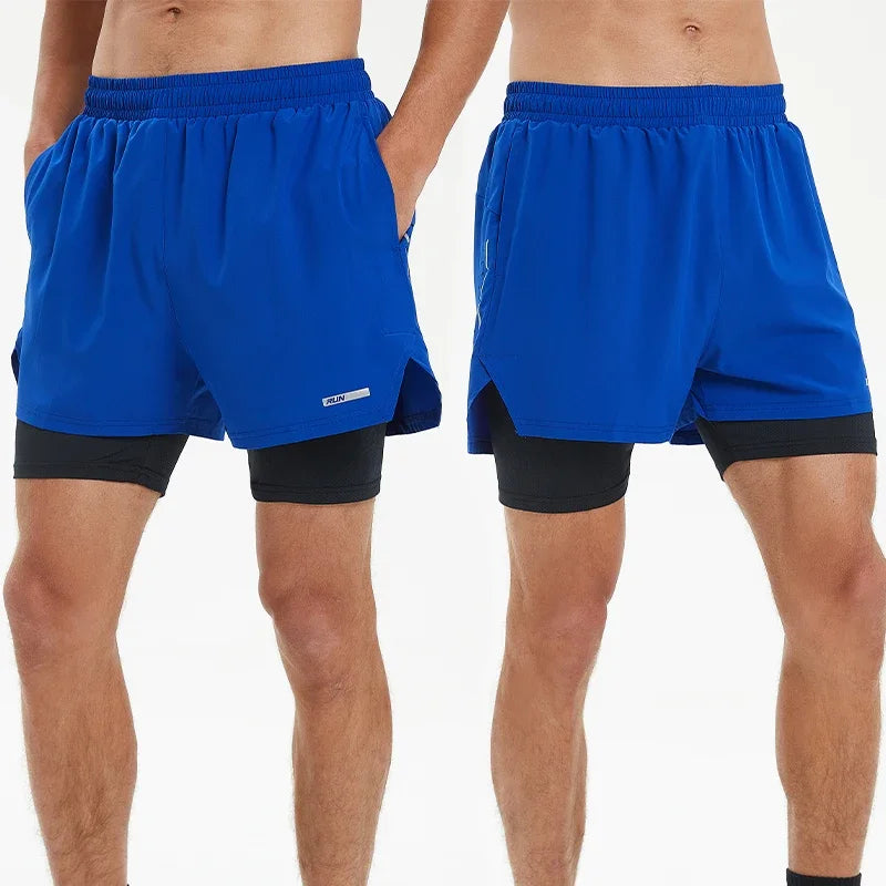 Men's Summer Swim Gym Sportswear 2 in 1 Compression Jogging Shorts Beach Casual Pants Double-deck Bottoms with Zipper Pockets