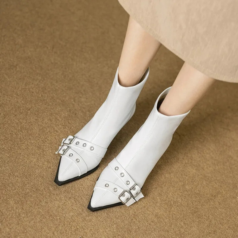 Women's Leather Metal Belt Buckle Short 6cm Square Heel Rivet Boot Back Zipper Boots