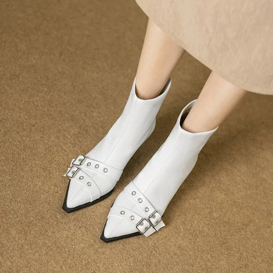 Women's Leather Metal Belt Buckle Short  6cm Square Heel Rivet Boot Back Zipper Boots