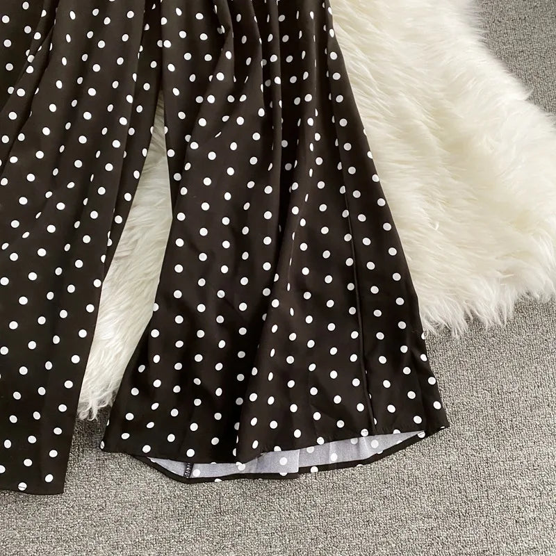Women's V-Neck Polka Dot Jumpsuit - Wide Leg Trousers with Dolman Sleeves