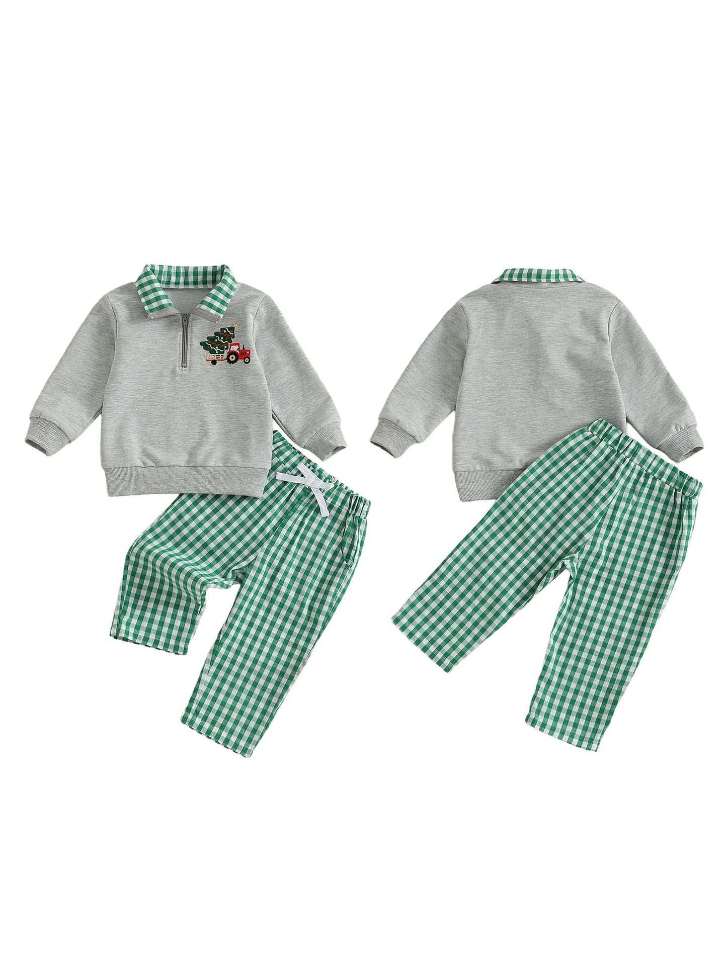 Baby Boys Christmas Clothes Set - Xmas Tree Embroidery Zip Pullover & Plaid Pants