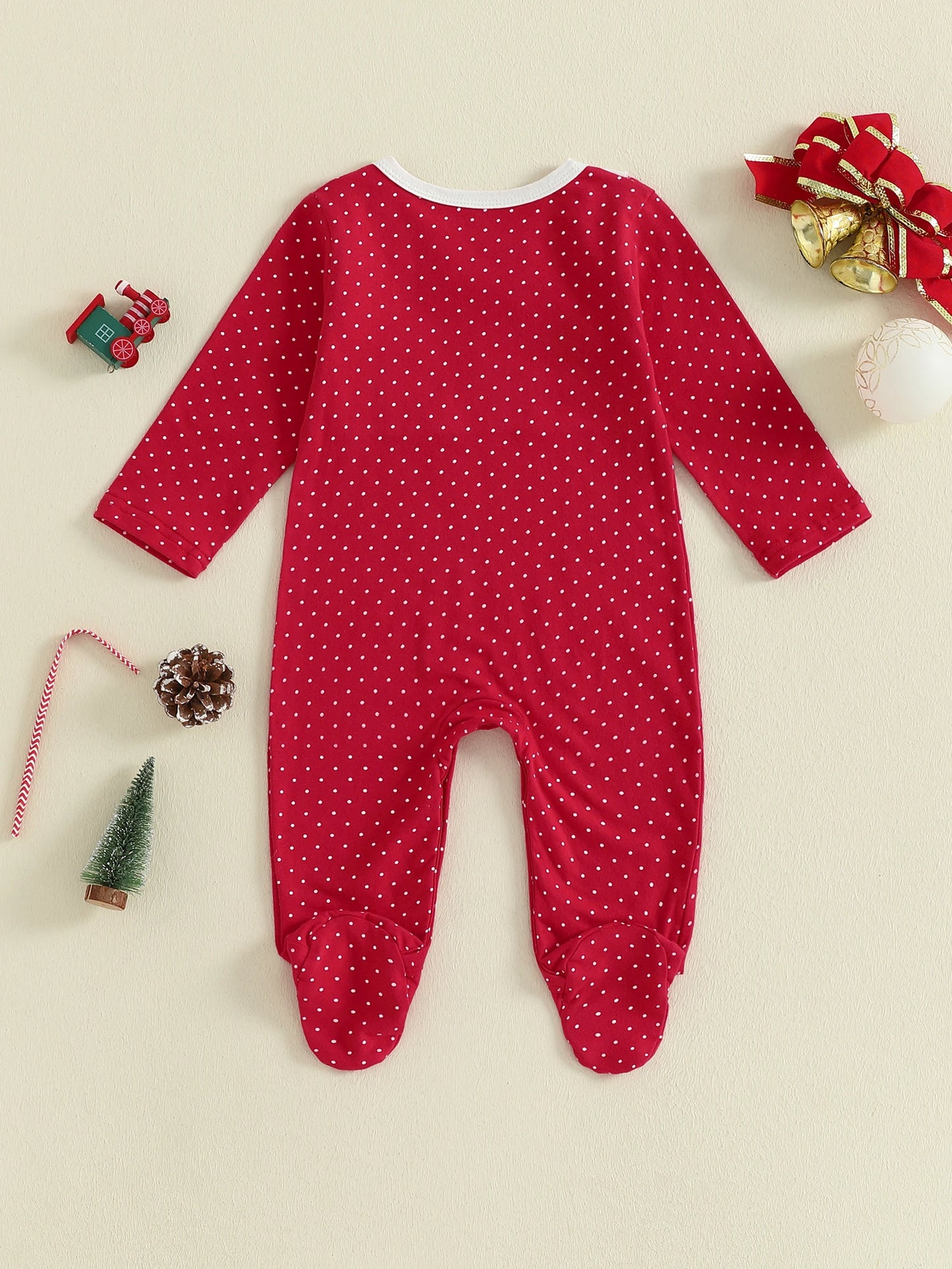 Newborn Baby Girls Christmas Footed Romper - Tree Embroidery Dot Print (0-12M)