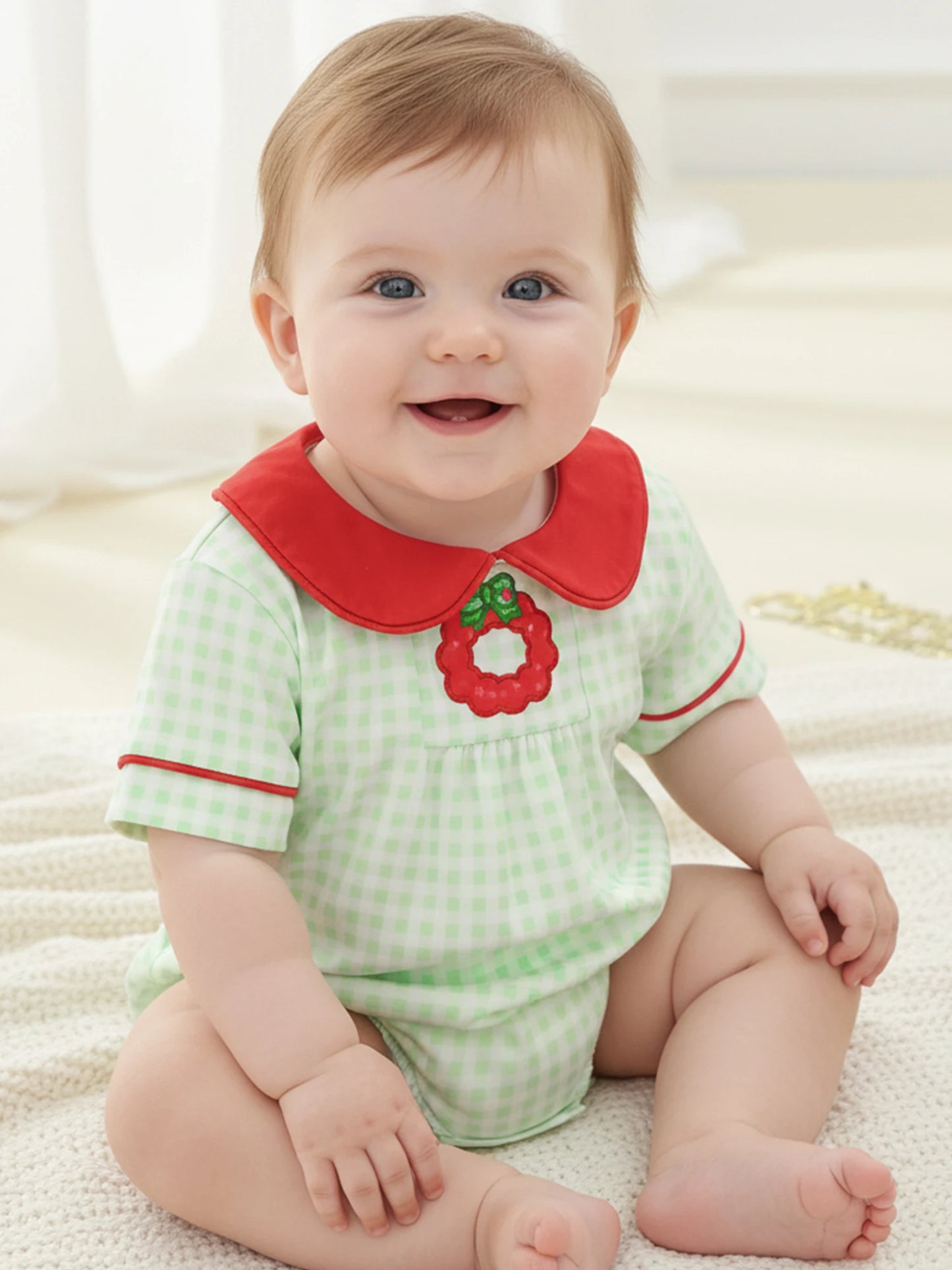 Baby Girls Plaid Romper - Wreath Embroidery Short Sleeve Doll Collar Bubble Jumpsuit