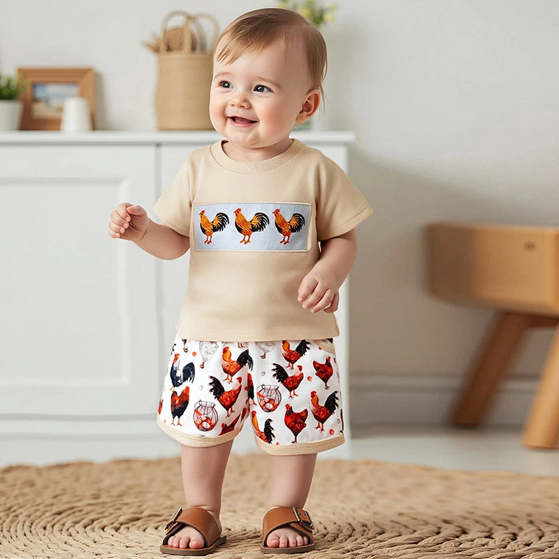 0-4Y Toddler Kids Boys Clothes Sets Rooster Embroidery Short Sleeve T-shirts Elastic Waist Shorts 2PCS