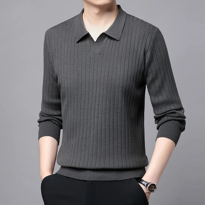 Smart Casual Sweater Turn Down Collar Knitted Pullover for Men