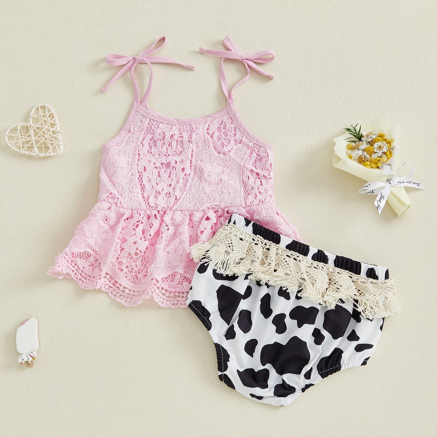 Baby Girls Summer Outfit Set - Floral Lace Tie Strap Camisole & Tassel Shorts (0-18M)
