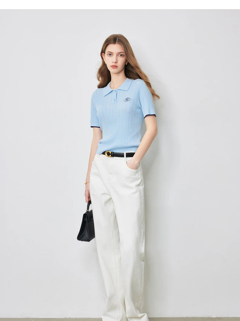 Women's Knitwear Contrast Color Hollow Out Polo Neck Short Sleeve Shirt