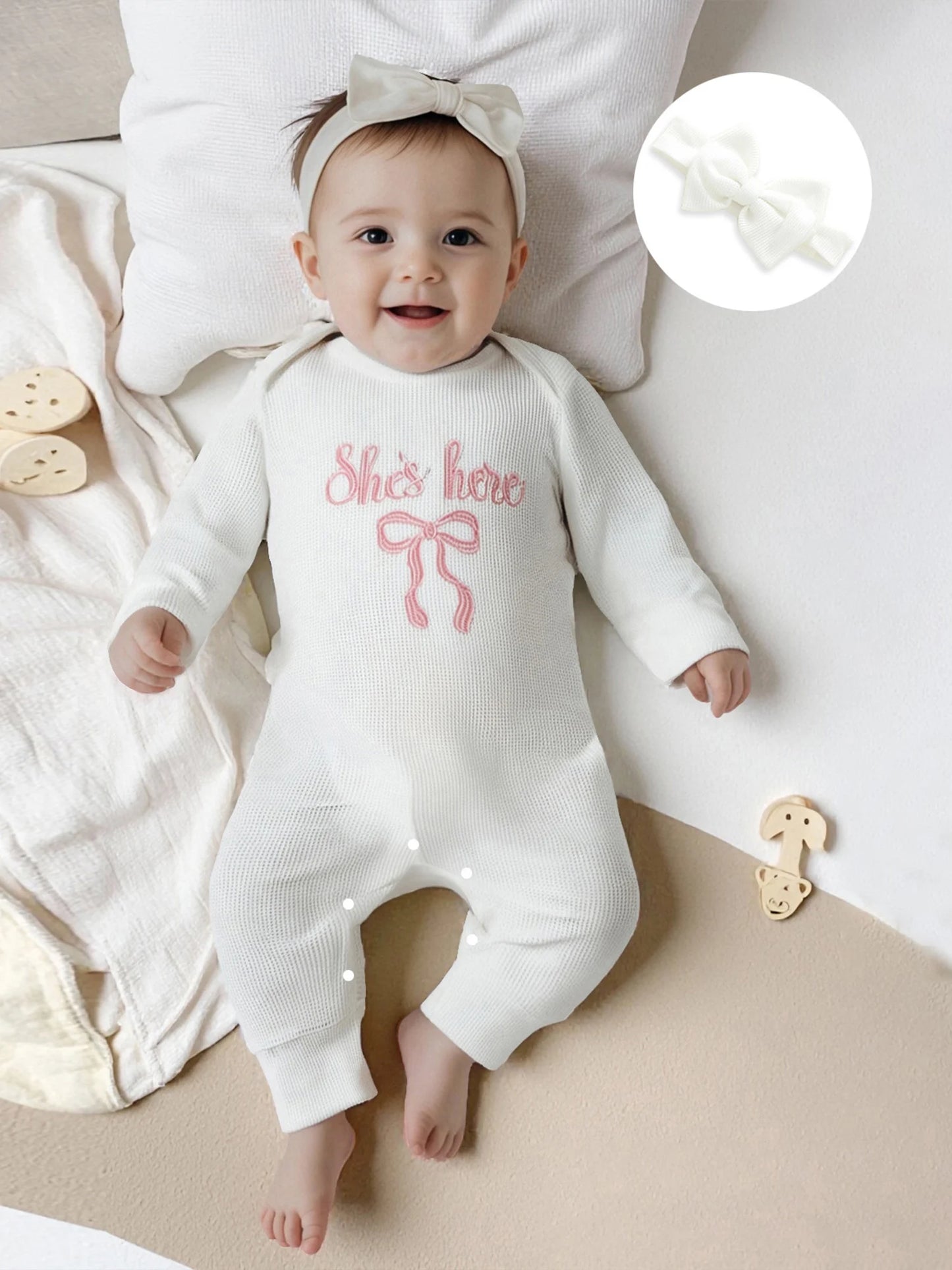 Newborn Baby Fall Winter Romper - Bow Letter Print Waffled Jumpsuit with Headband (0-6M)