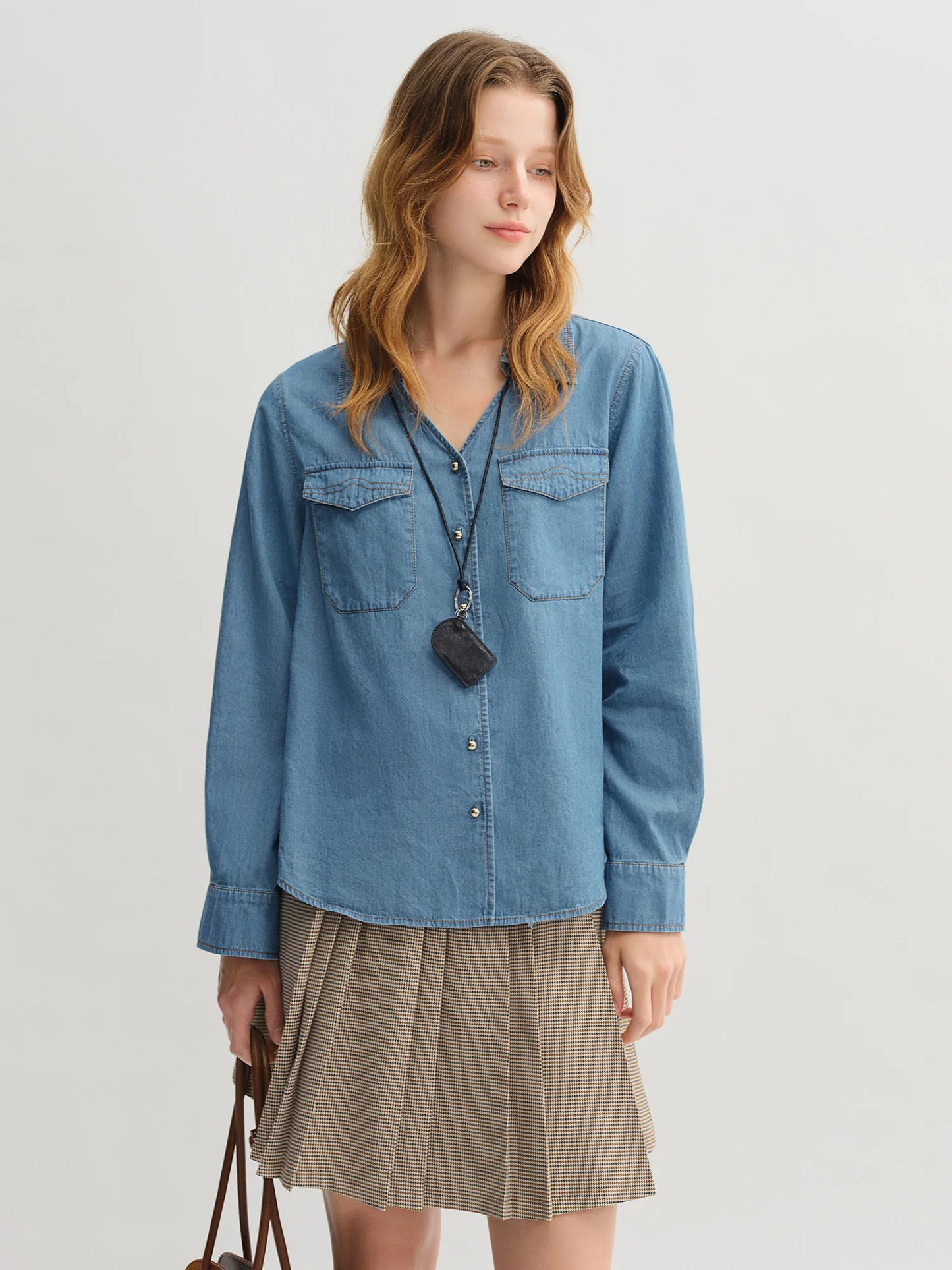 Women's Plus Size Double Collar Denim Shirt - French Style Autumn Top