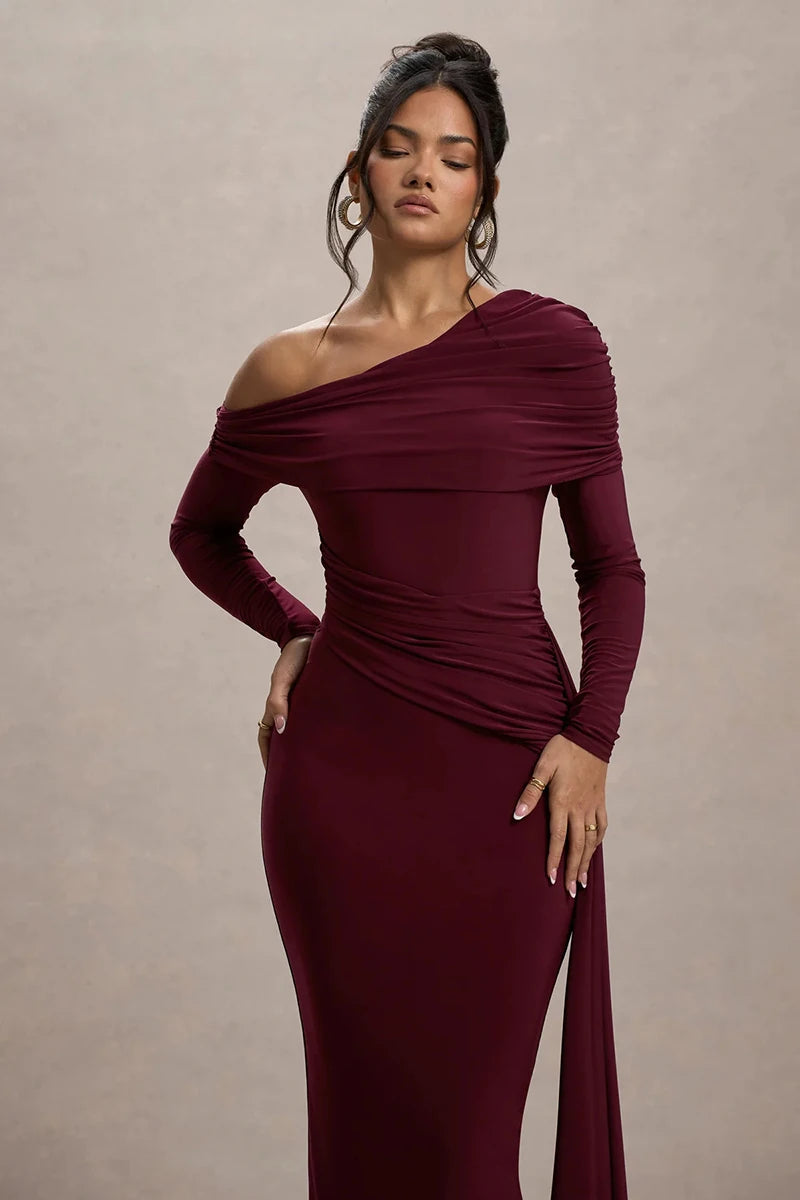 Women's Skew Collar Long Sleeve Maxi Backless Draped Ruched Bodycon Long Dress