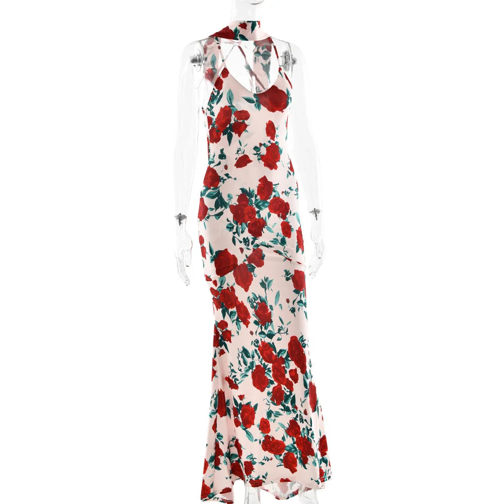 Women's Floral Print V Neck Scarf Draped Maxi Summer Backless Outfit Party Dress