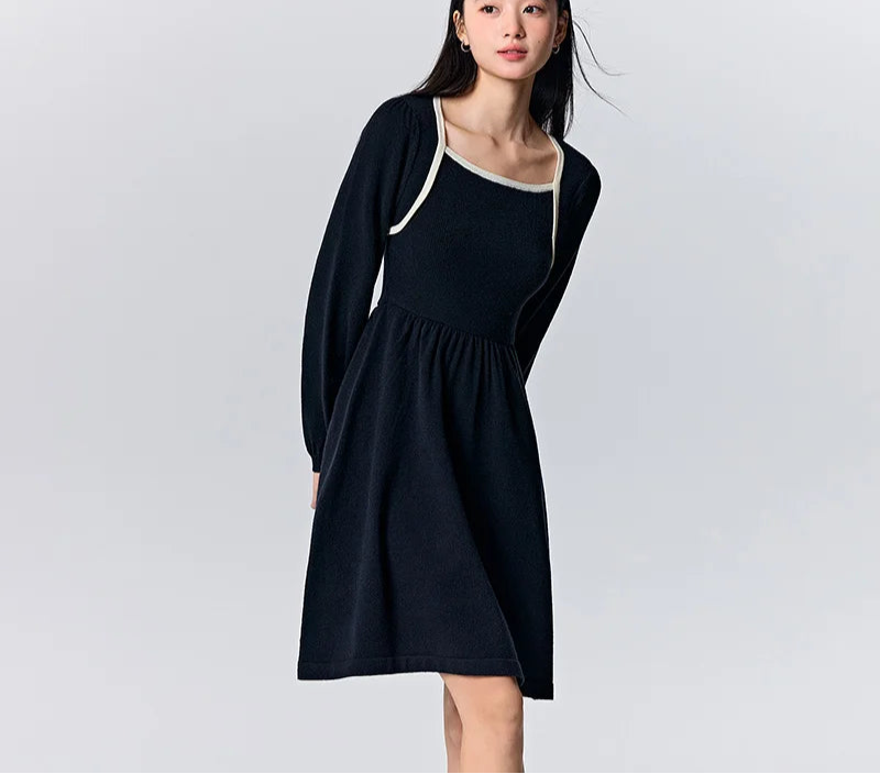 Women's Color Block Knit Dress - Square Neck French Style Slim Fit Winter 2025