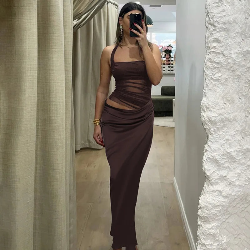 Women's Elegant Halter Mesh Sheer Cut Out Maxi Dress - Party Long Dress Outfit Asymmetrical Ruched Gown Summer Dress