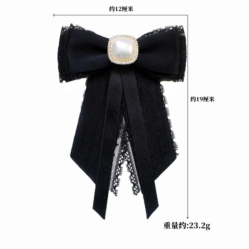 Black Fabric Bow Brooch - College Style Crystal Collar Pin