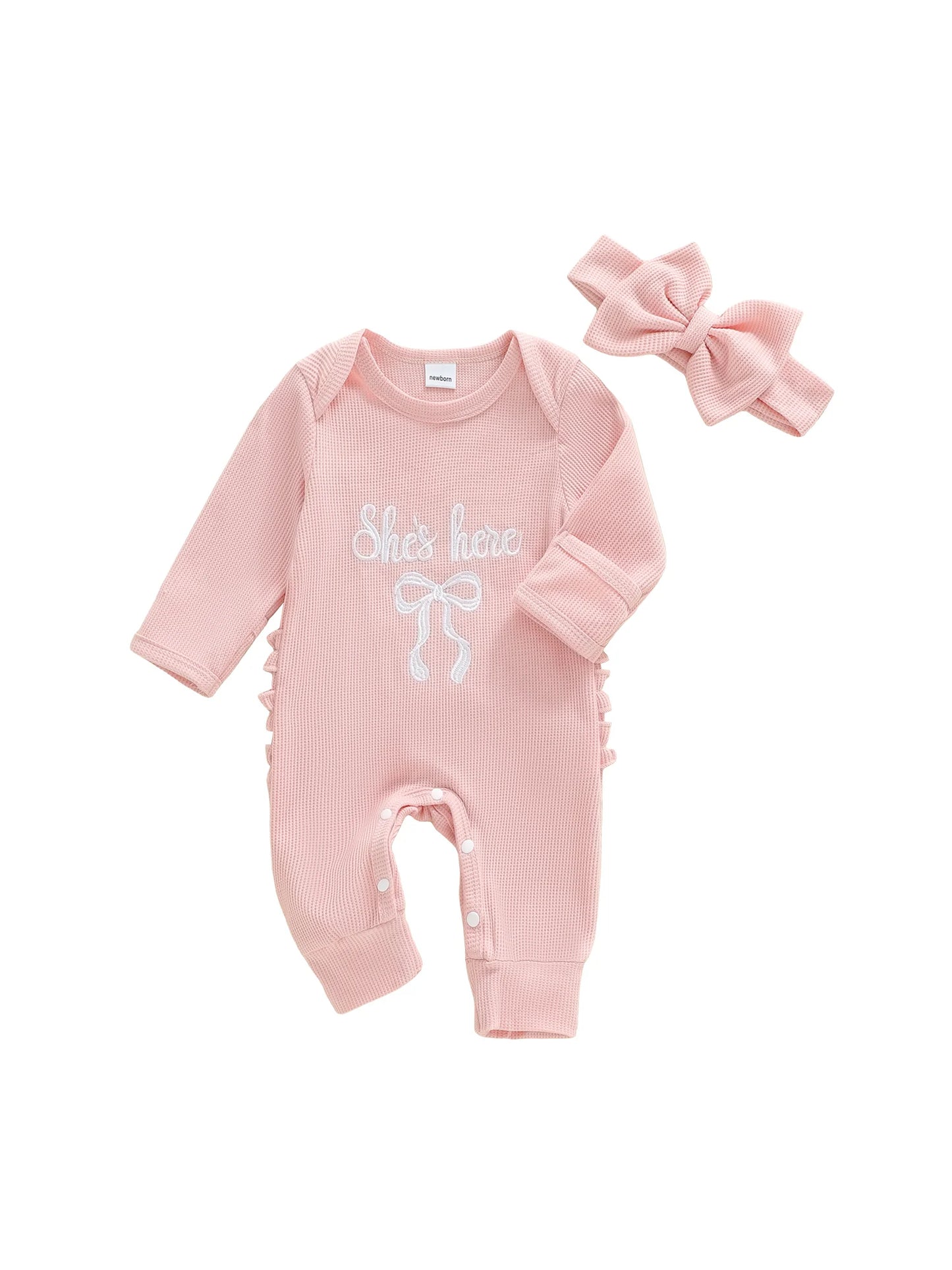 Newborn Baby Fall Winter Romper - Bow Letter Print Waffled Jumpsuit with Headband (0-6M)