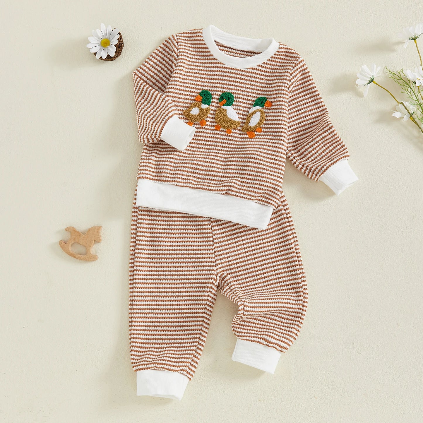 Baby Boy's Outfit Set - Duck/Truck Embroidered Striped Sweatshirt & Pants