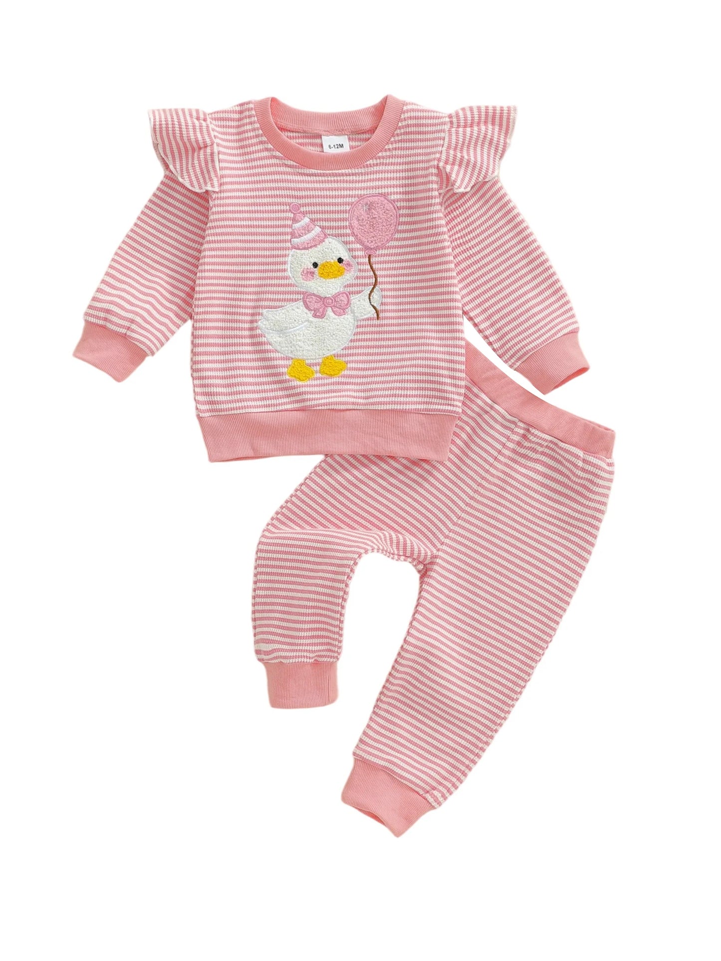 Baby Girls Goose Embroidered Striped Outfit Set (0-4Y)