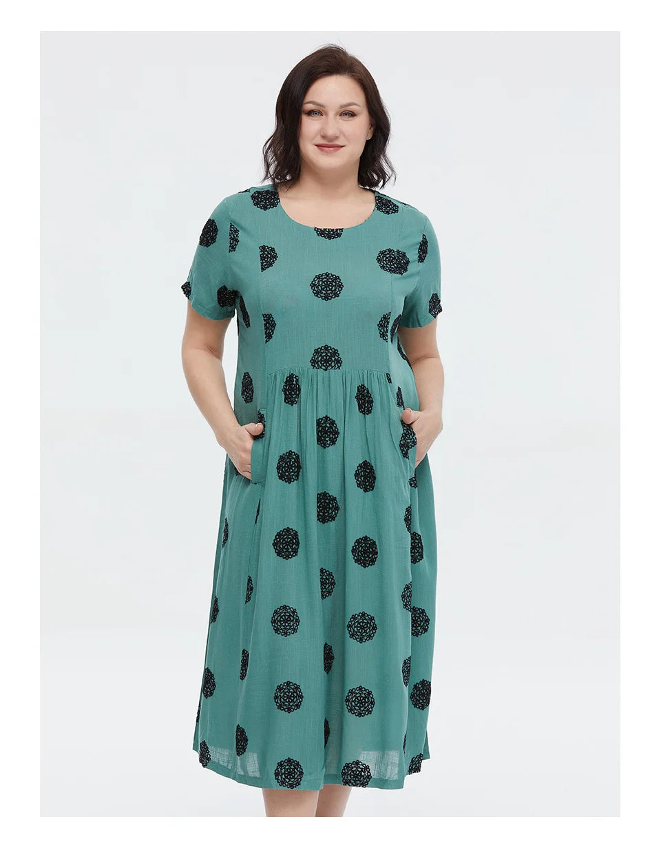 Women's Summer Elegant Cotton Oversize Office Polka Dot Embroidery Design Pocket Long Dress