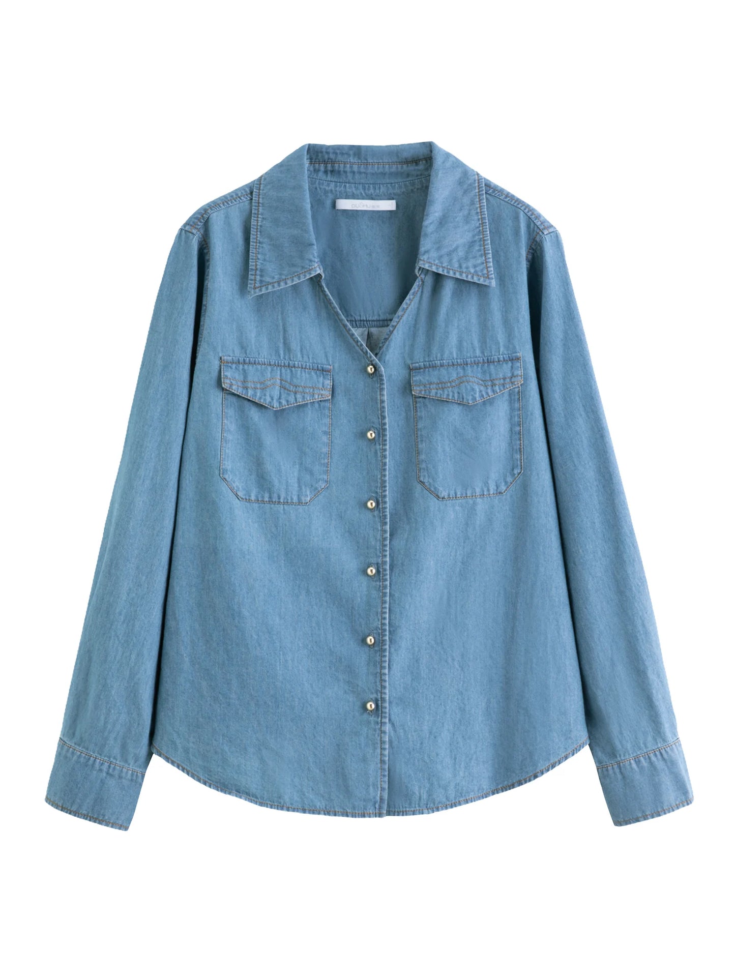 Women's Plus Size Double Collar Denim Shirt - French Style Autumn Top