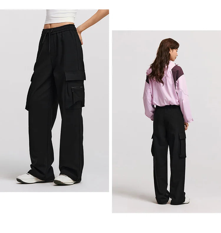 Winter Women's Fleece Wide Leg Pants - Black Cargo Streetwear Casual