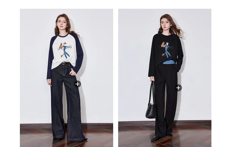 Women's Long Sleeve Lyocell Denim Patchwork Embroidery Cotton Pullover T-Shirt