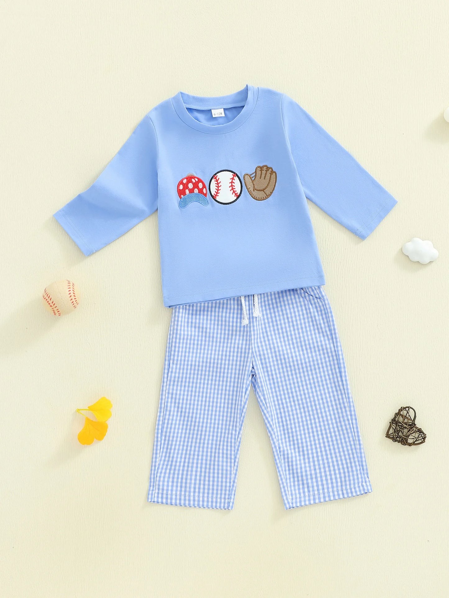 Autumn Winter Baby Boys Clothing Set - Baseball Embroidery Sweatshirt & Plaid Pants